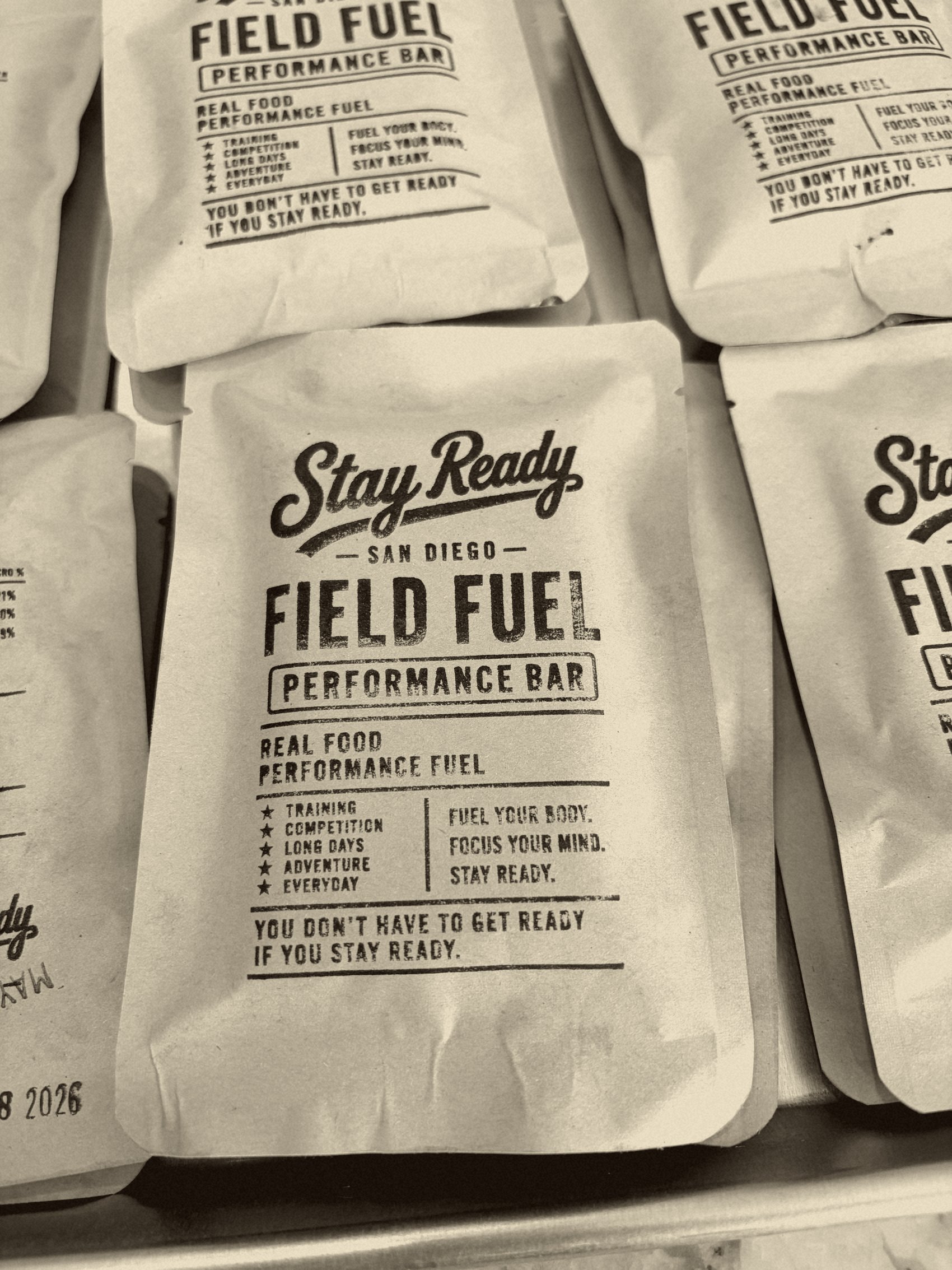 Stay Ready Field Fuel bar in hand-stamped kraft packaging
