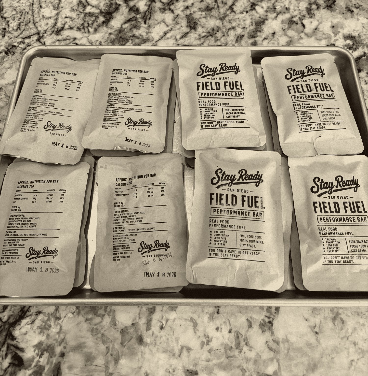 Hand-made batch of Stay Ready Field Fuel bars, stamped and bagged